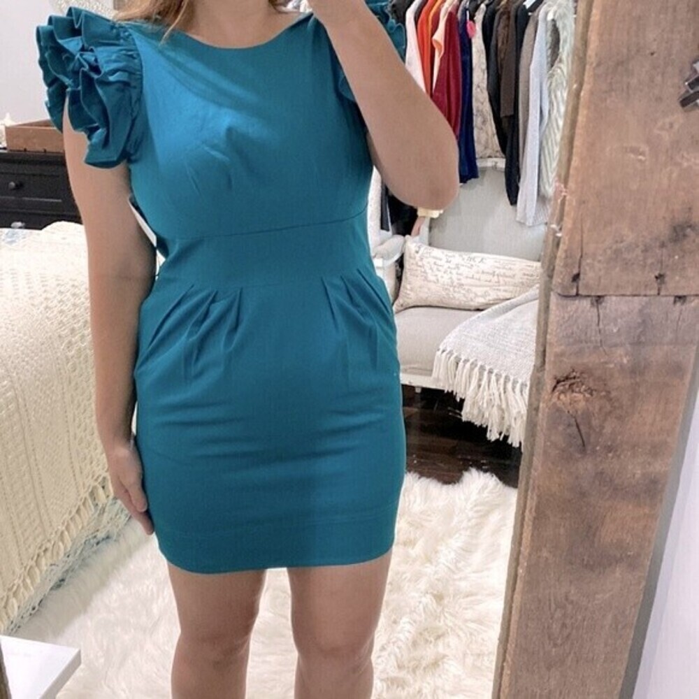 JESSICA Simpson Biscay bay teal dress ruffle shoulders size 6 NWT MSRP $100